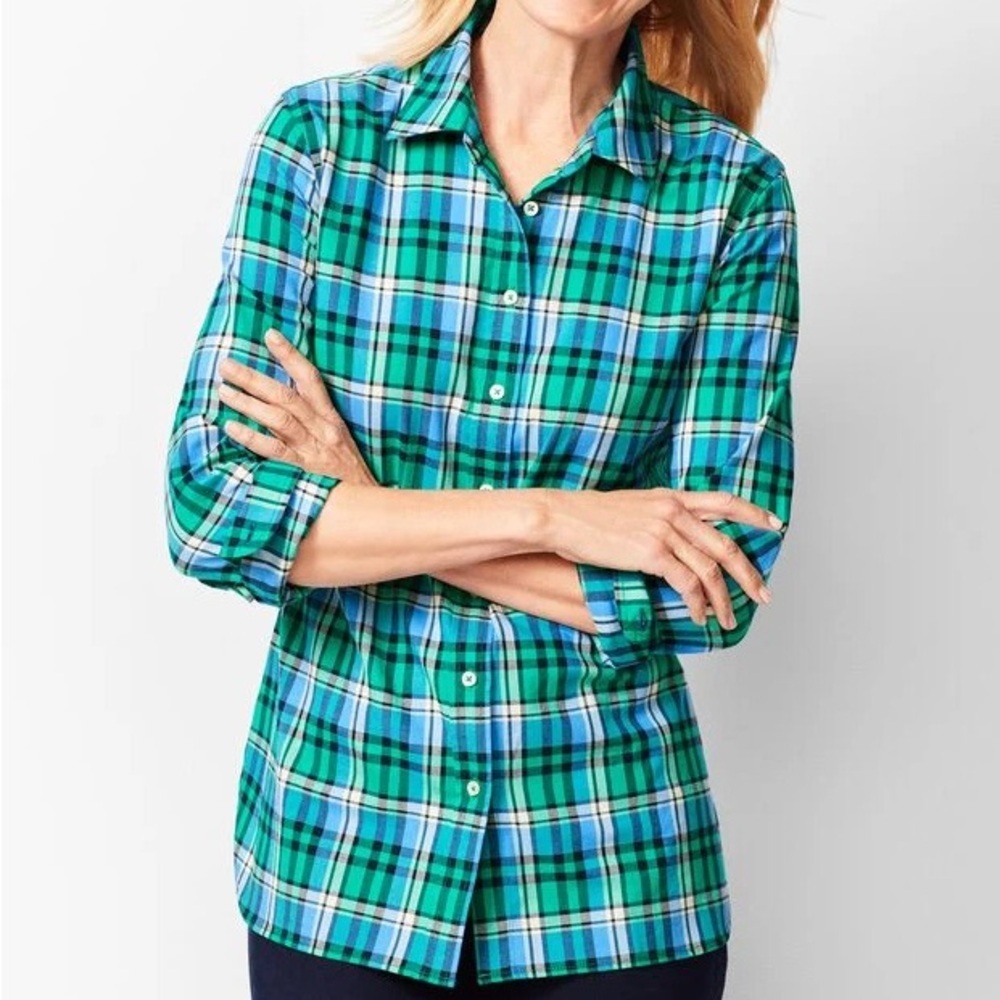 Talbots Petite Women P Singing Plaid Long Sleeve Classic Cotton Button Up Shirt